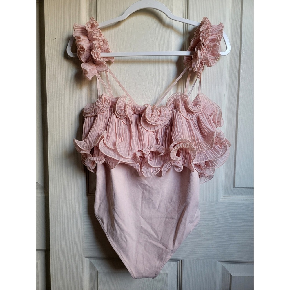 Free People For The Frill Of It Bodysuit Pink‎ Ruffle Tulle Lace Size Medium - Picture 5 of 13